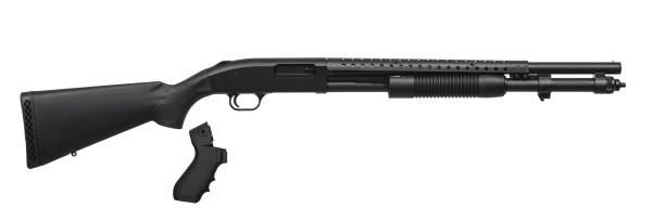 istock Pump-action 12 gauge shotgun isolated on a white background. Additional handle. A smooth-bore weapon with a plastc stock. 1427612406