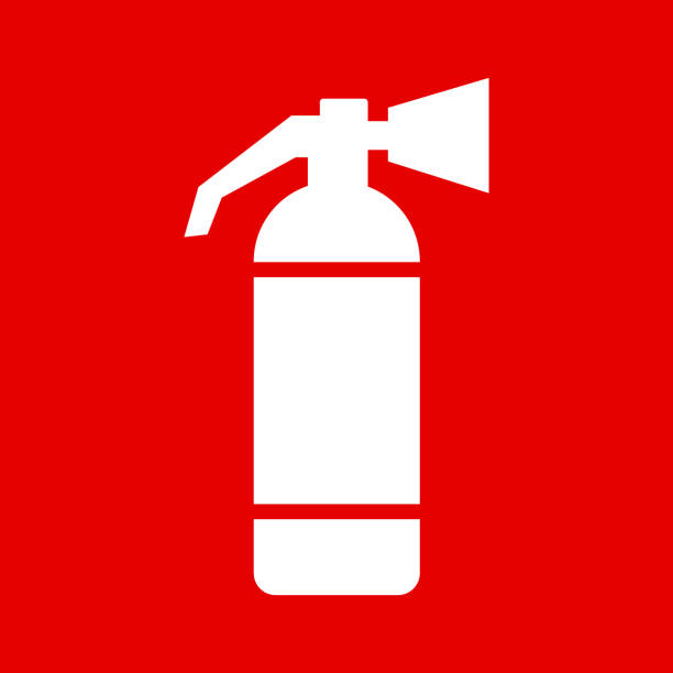 Fire extinguisher squared sign vector illustration White fire extinguisher symbol inside red squared danger sign vector image. Danger and fire related concept illustration emergency services equipment stock illustrations