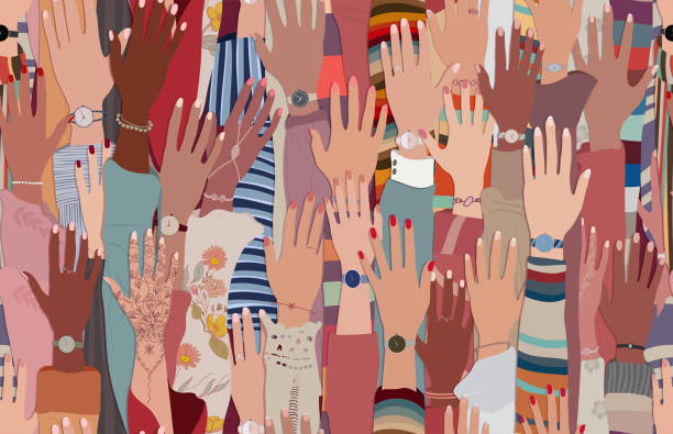 Seamless pattern background with group of raised hands of women of diverse culture. Anti-racism racial equality concept. Allyship and sisterhood. Feminism. Women s community.Women s day Concept of racial equality between women of different cultures and nations. Female protest. Demonstration for civil rights of equality. Teamwork concept. Active participation. Active women. Confrontation between women. Friendship. Meeting. Globalization. Multicultural and multiracial community. Dialogue, sharing and exchange between women of different languages and cultures social inclusion stock illustrations