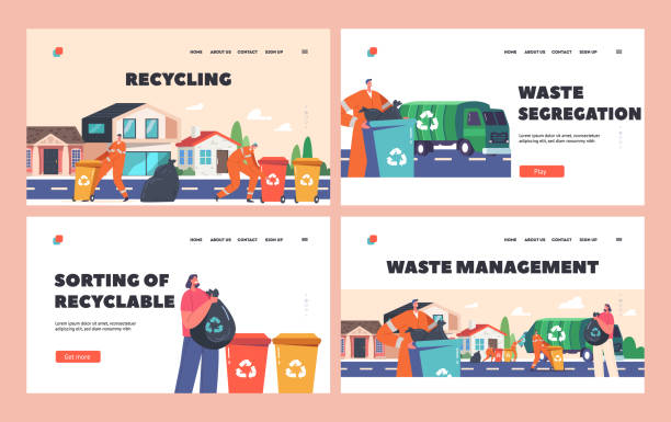 Waste Collecting Landing Page Template Set. Scavengers in Uniform Collect Litter to Truck on Street. Rubbish and Waste vector art illustration