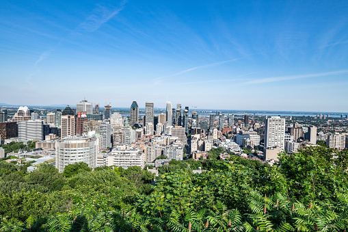 City view of downtown Montreal from Kondiaronk Belvedere on a clear sunny day