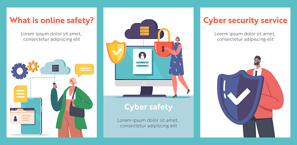 Cyber Safety Cartoon Banners. Computer Security, Internet Privacy, Data Protection, Virtual Private Network and Cloud Storage. Tiny Characters with Lock at Huge Computer. Vector Illustration, Poster