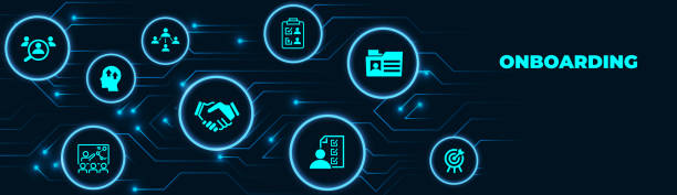 istock Onboarding vector illustration. Concept with connected icons related to welcoming new hire, welcome culture in the company, employee satisfaction, talent retention, workforce training. 1427616404