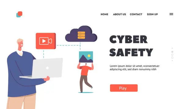 Vector illustration of Cyber Safety Landing Page Template. Personal Data Protection in Internet, Computer and Account Cybersecurity