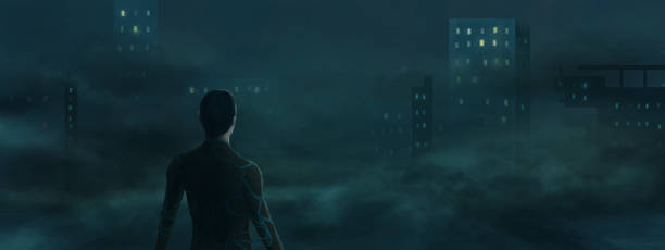 istock Man from back walking to night city with smoke and sky. Glowing futuristic building, 3D illustration 1427618065