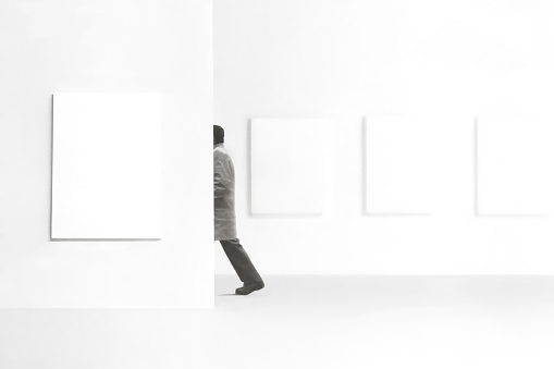 Illustration of man visiting art museum gallery, art minimal white gallery