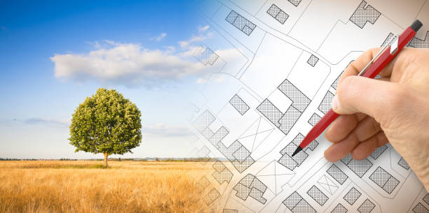 istock Hand drawing an imaginary cadastral map of territory with a tree on background - 
concept image 1427622318
