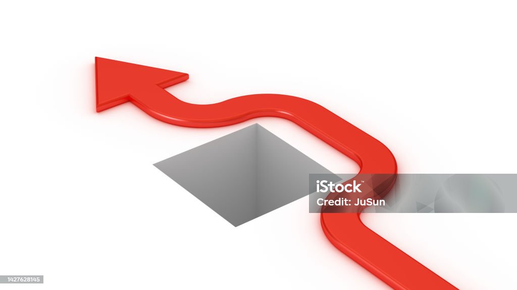 The concept of "Don't Stop." The red arrow goes past the hole in the white ground. Creativity Stock Photo