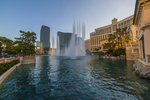 USA. Las Vegas. 09.16.2022. Close up view of gorgeous Bellagio fountains Las Vegas Strip - Las Vegas Strip Hotel.