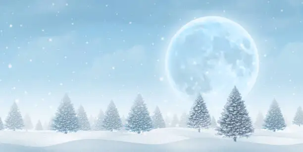 Winter moon blue background and Christmas Holiday celebration landscape with a magical cold pine forest and evergreen trees with frost for festive holidays as a 3D illustration.