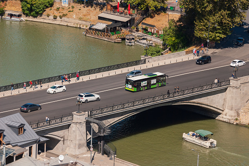 Georgia, Tbilisi - September 25, 2022: Traffic on city bridge