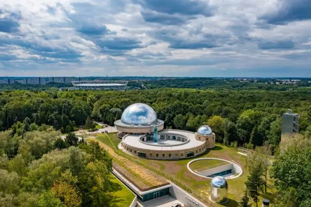 Aerial drone view on planetarium in Katowice, Silesia, Poland