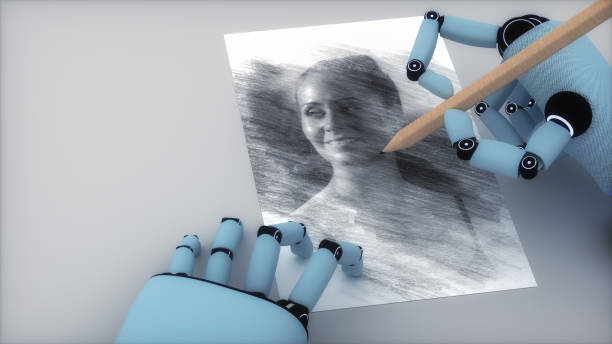une intelligence artificielle peint un portrait de femme (rendu 3d) - robot drawing photos et images de collection