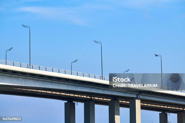 Concrete Bridge In Rostovondon City Over River Don Voroshilovsky Bridge With Concrete Supports Stock Photo - Download Image Now