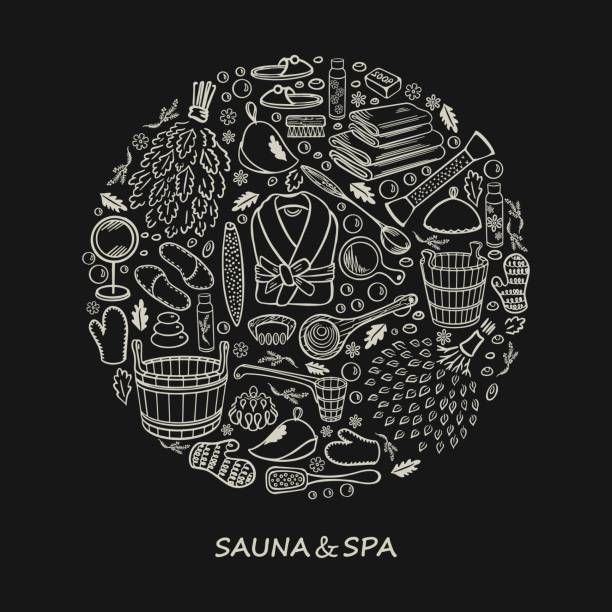Sauna spa bath doodle in circle vector Sauna, SPA and bath accessories. Sketch of items in doodle style. Decorated In the shape of a circle with a place for text. On a dark background. Vector illustration. finnish culture stock illustrations