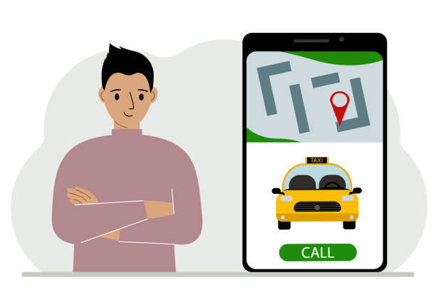 istock A man next to a large smartphone on the screen which has a taxi and geolocation. The concept of a mobile taxi application or ordering a taxi online. 1427648331