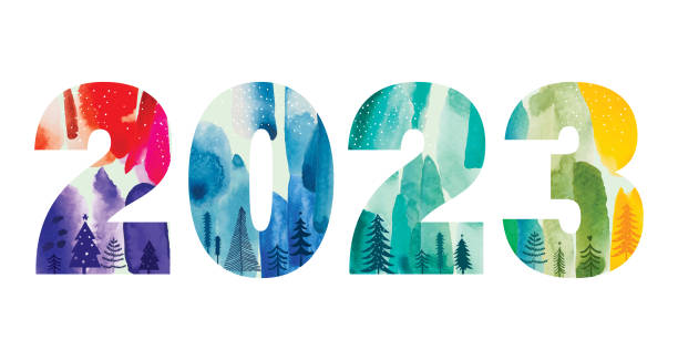 2023 Happy New Year Water Color Decorated Numbers vector art illustration