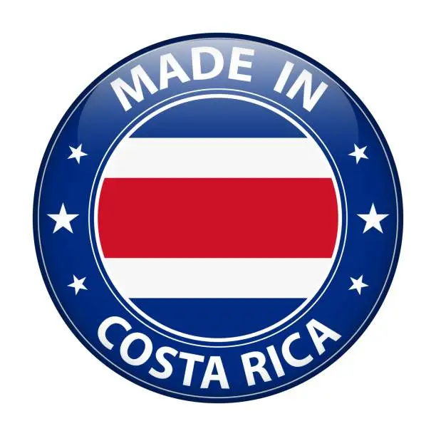 Vector illustration of Made in Costa Rica badge vector. Sticker with stars and national flag. Sign isolated on white background.