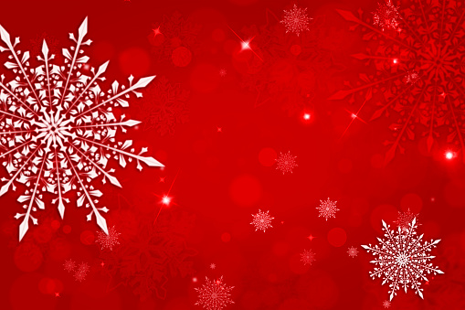 Subtle flying snow flakes and stars on red night background. Beauteous winter silver snowflake overlay template. Christmas background for design, web.