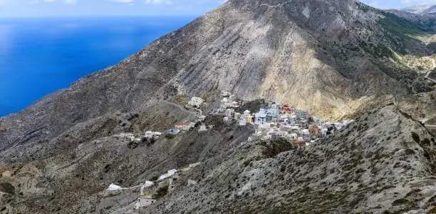 Olympos is a village of about 200 inhabitants located at 310 meters above sea level on a mountainous ridge, north of the island of Karpathos, in the Dodecanese.