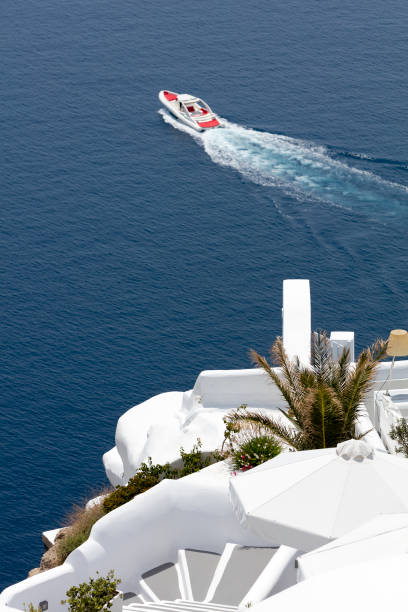 Terrace with sea view, Santorini, Cyclades Islands, Aegean Sea, Greece.