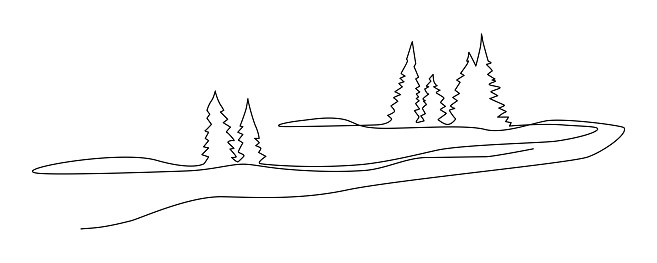 Young spruce trees in the field. Landscape. Continuous line drawing. Vector illustration.