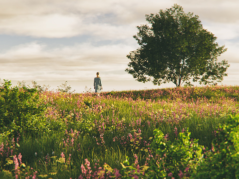 A woman enjoying a walk through wildflower meadow. All objects in the scene are 3D