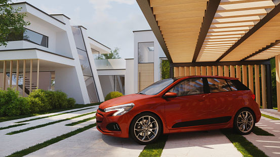 A car parked in a modern home driveway. All items in the scene are 3D, concept car is not based on any real vehicles