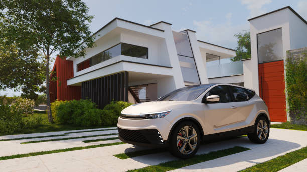 Car parked in front of a modern house