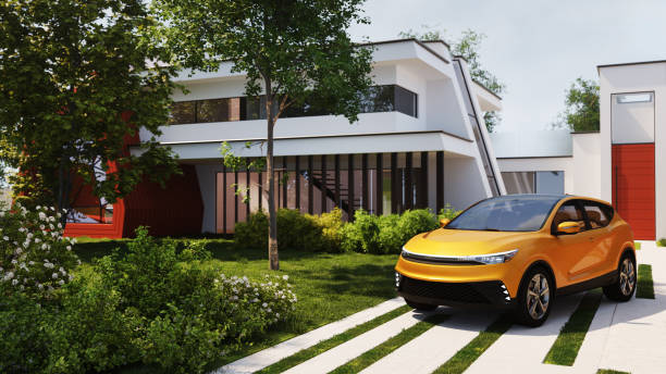 istock Car parked on a modern villa driveway 1427658521