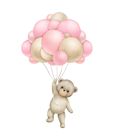 Teddy bear with pink balloons.
Watercolor hand painted illustrations for baby girl shower isolated on white background .