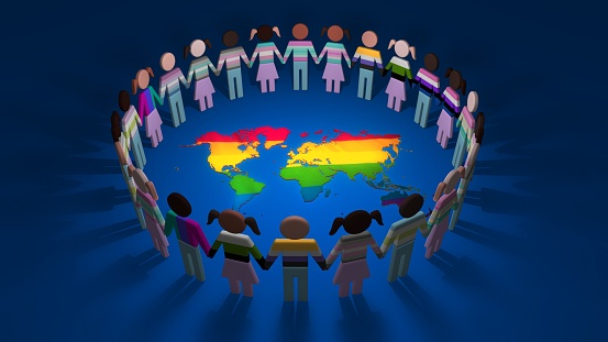 Group of cutout LGBTQ people holding hands together as a connected circle around the world. 3D animation concept loop of gay, lesbian, queer, gender and race community. Diversity in sexual orientation