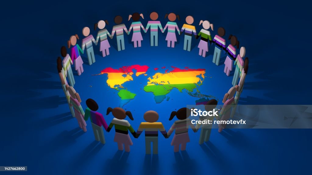 3D Cutout LGBTQ People in Silhouettes forming a Looped Circle around Blue World Map Background Group of cutout LGBTQ people holding hands together as a connected circle around the world. 3D animation concept loop of gay, lesbian, queer, gender and race community. Diversity in sexual orientation LGBTQIA Culture Stock Photo