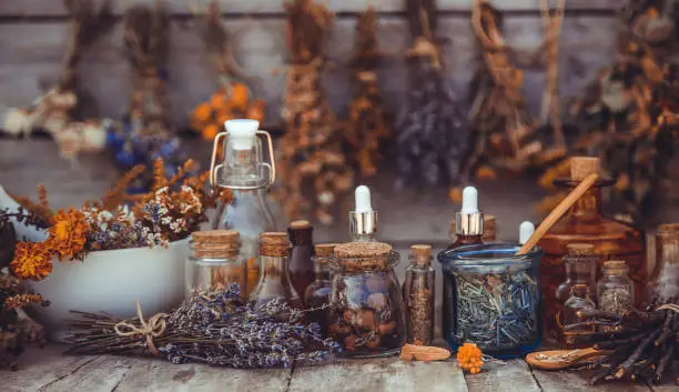Photo of Medicinal herbs and tinctures homeopathy. Selective focus.