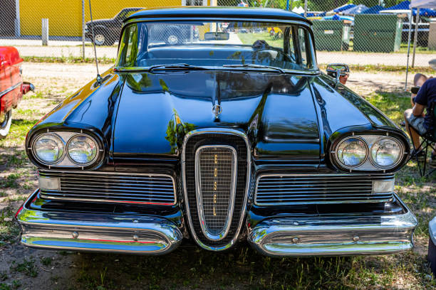 Falcon Heights, MN - June 18, 2022: High perspective front view of a 1958 Edsel Ranger 4 Door Hardtop at a local car show.