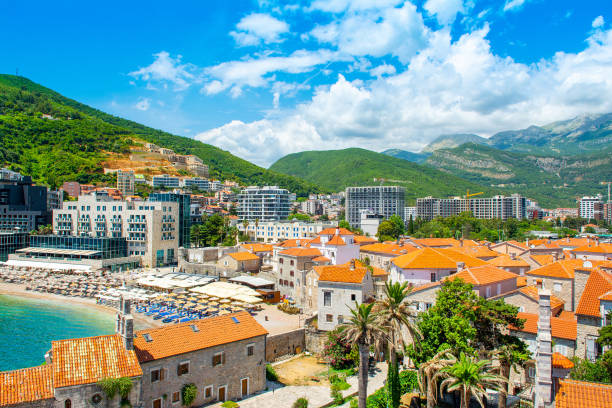 Beautiful panoramic summer landscape of the Budva waterfront stock photo