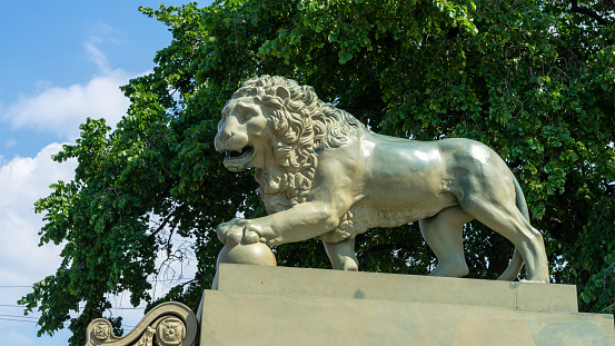 Lion statue at Pythagoras Square in Samos Town,  on Samos Island.