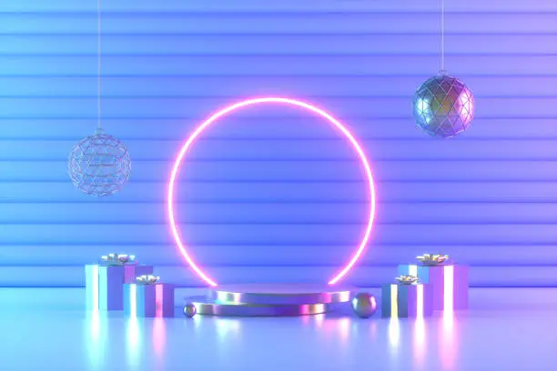 Photo of Product podium platform Christmas new year concept neon lighting