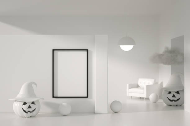istock Halloween pumpkin with empty frame in white room 1427674979