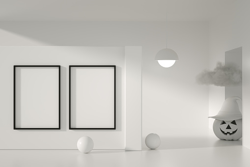 Halloween pumpkins with empty frame in white room, 3d render.