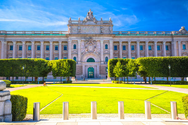 istock Riksplan park and Swedish parliament The Riksdag house front facade view 1427675114