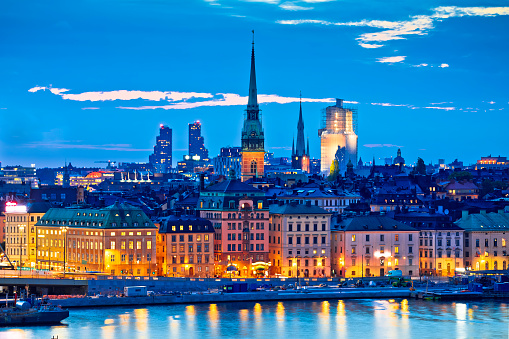 Stockholm scenic rooftops and towers evening panorama, capital of Sweden