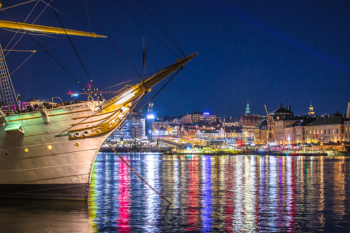 City of Stockholm harbor and waterfront evening view, capital of Sweden
