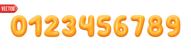 Orange numbers from 0 to 9. Collection of voluminous inflated color numbers from balloon. Set of bright bubble spherical numbering figures. Elements in cartoon style. vector illustration