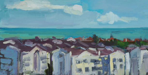 istock Buildings roofs oil painting 1427676109