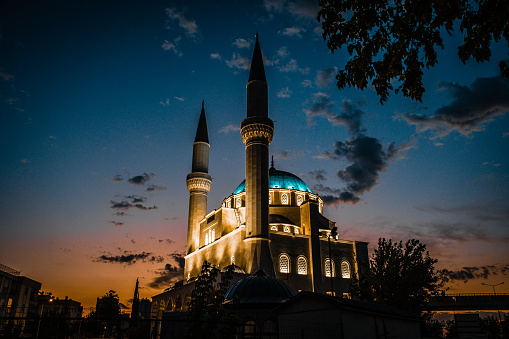 Early morning, blue hour. The mosque has a blue dome, two minarets. The sky is clear with few clouds.General plan shot up tree has leaves.