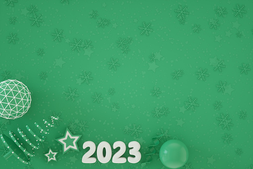 2023 New year, green snow background. 3d rendering of  Christmas and new year ornaments.