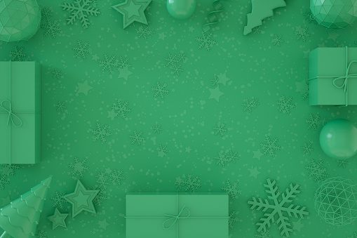 New year, green snow background. 3d rendering of  Christmas and new year ornaments.