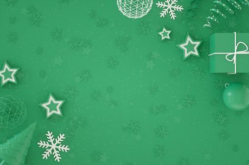 New year, green snow background. 3d rendering of  Christmas and new year ornaments.