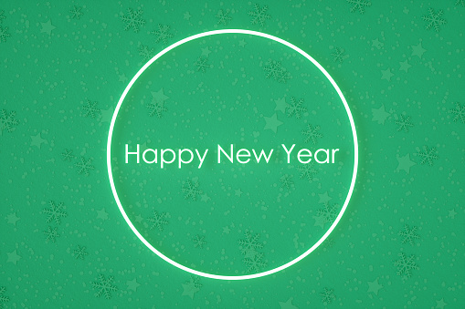 Christmas Neon Lighting Happy New Year Frame Green Background, 3d render.